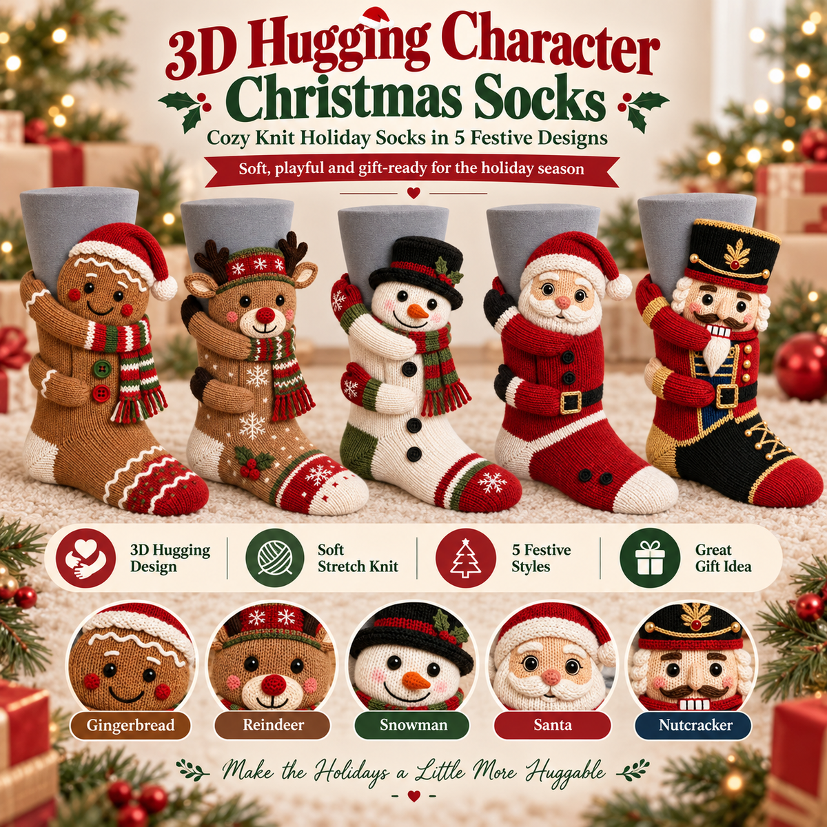 🎄 3D Hugging Christmas Character Socks – Cozy Knit Holiday Gift Socks