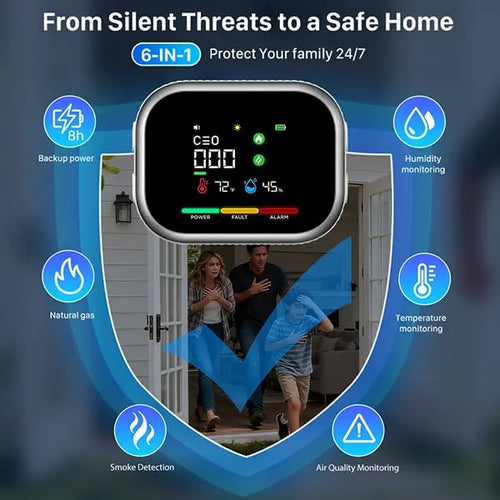 ⭐🏠 6-in-1 Smart Home Safety Detector – CO, Gas, Smoke, Temperature & Humidity Alarm