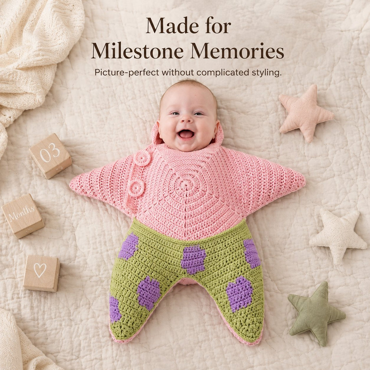 ⭐ Starfish Crochet Baby Outfit, Knitted Hooded Newborn Onesie, Breathable Cotton Blend Baby Photo Prop
