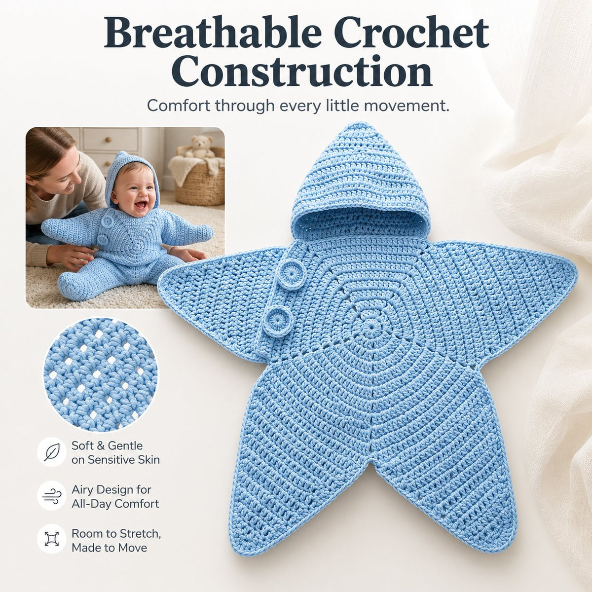⭐ Starfish Crochet Baby Outfit, Knitted Hooded Newborn Onesie, Breathable Cotton Blend Baby Photo Prop