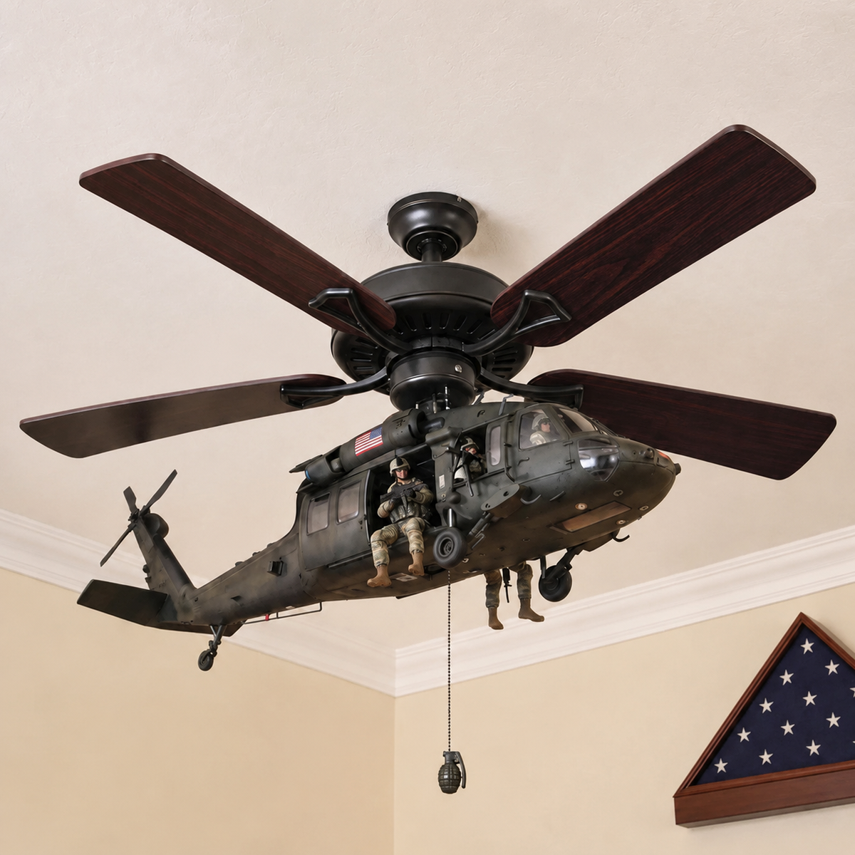 🚁 Military Helicopter Ceiling Fan Decor – Realistic Hanging Ornament for Man Cave & Home