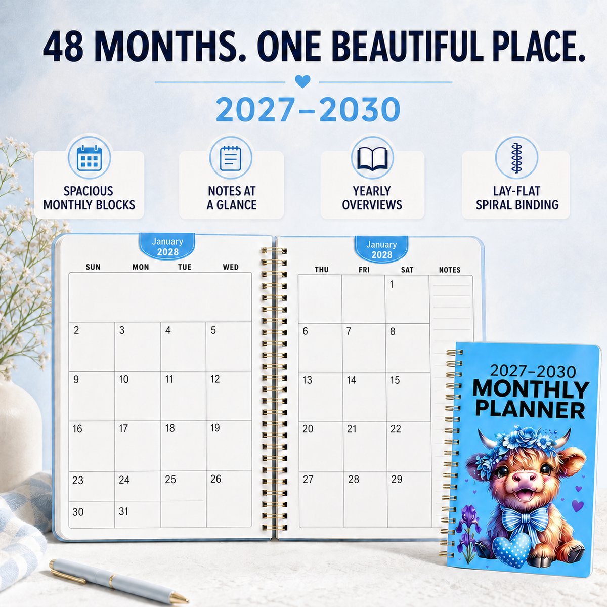 🔥 PLAN AHEAD & SAVE! — 2027–2030 Highland Cow Monthly Planner 🐮📅 | 4-Year Spiral Calendar