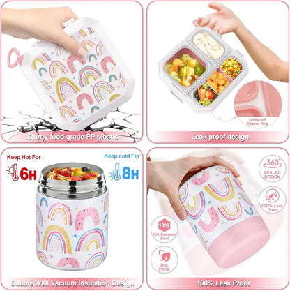Kids Bento Lunch Box Set – 5-Compartment Leak-Proof Food Container with 12oz Insulated Food Jar & Lunch Bag, Portable School Meal Set for Boys & Girls