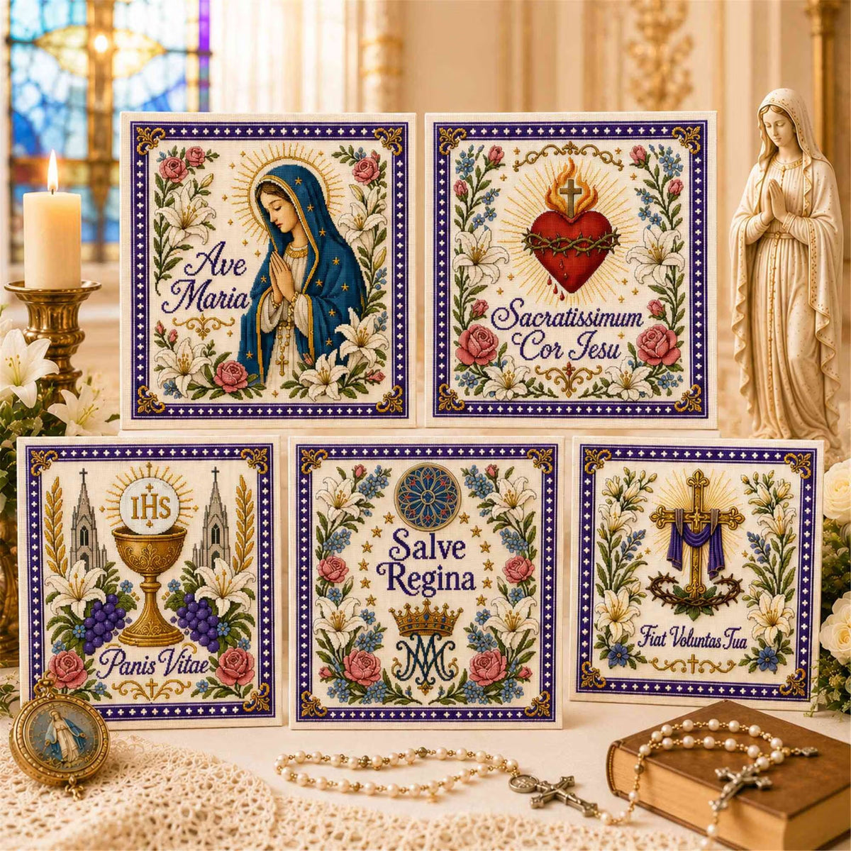 ✝️ Catholic Religious Cross Stitch Embroidery Kit | Vintage Floral Faith Wall Decor with Sacred Catholic Icon Designs 🌹🧵