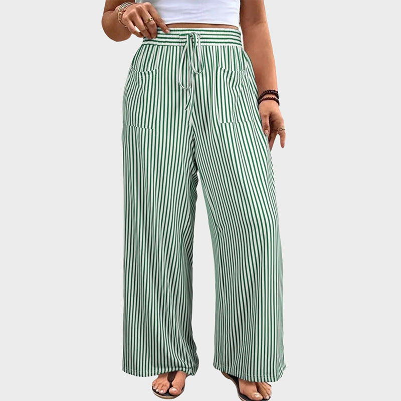 Women's Plus Size Elastic High Waist Wide Leg Pants Striped Casual