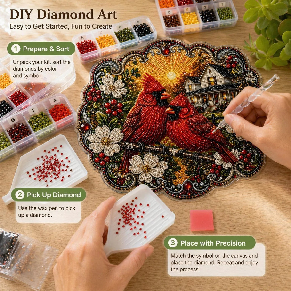✨Beginner-Friendly-🐦Cardinals & Sunrise Diamond Art Hanging Ornament Kit