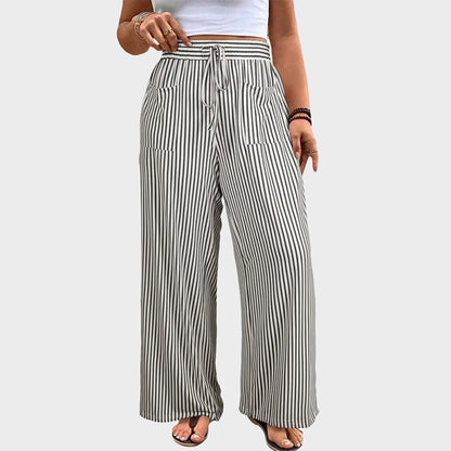 Women's Plus Size Elastic High Waist Wide Leg Pants Striped Casual