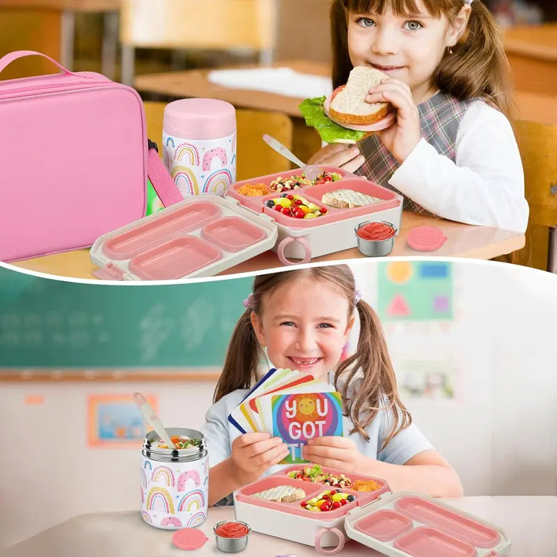 Kids Bento Lunch Box Set – 5-Compartment Leak-Proof Food Container with 12oz Insulated Food Jar & Lunch Bag, Portable School Meal Set for Boys & Girls