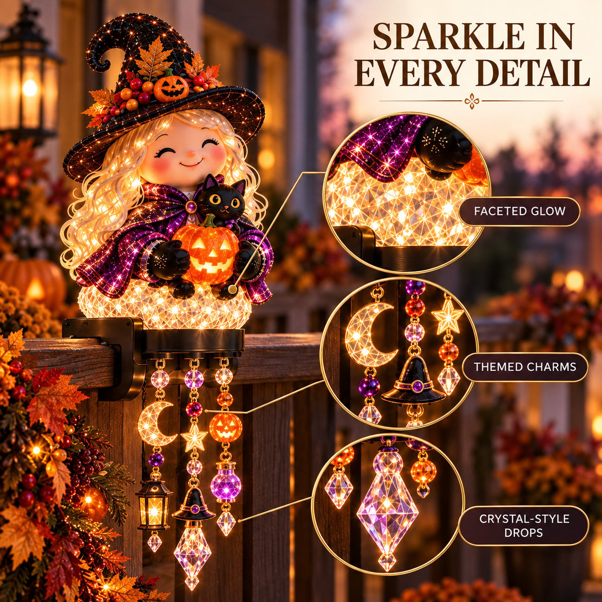 🔥🎃 Halloween Porch Magic Cascade Railing Lights – Pumpkin, Witch, Ghost & Black Cat🎃🎃