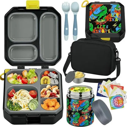 Kids Bento Lunch Box Set – 5-Compartment Leak-Proof Food Container with 12oz Insulated Food Jar & Lunch Bag, Portable School Meal Set for Boys & Girls