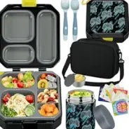 Kids Bento Lunch Box Set – 5-Compartment Leak-Proof Food Container with 12oz Insulated Food Jar & Lunch Bag, Portable School Meal Set for Boys & Girls