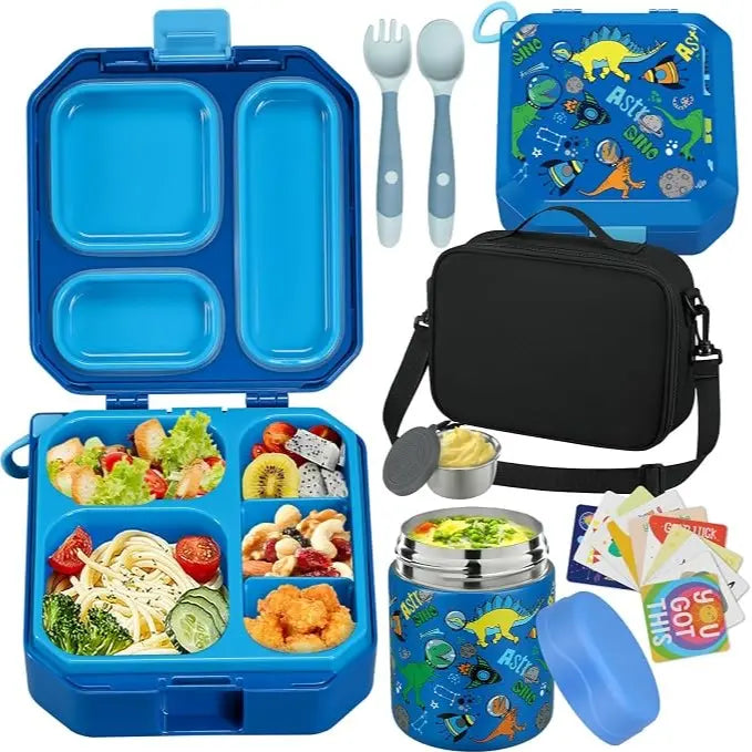 Kids Bento Lunch Box Set – 5-Compartment Leak-Proof Food Container with 12oz Insulated Food Jar & Lunch Bag, Portable School Meal Set for Boys & Girls