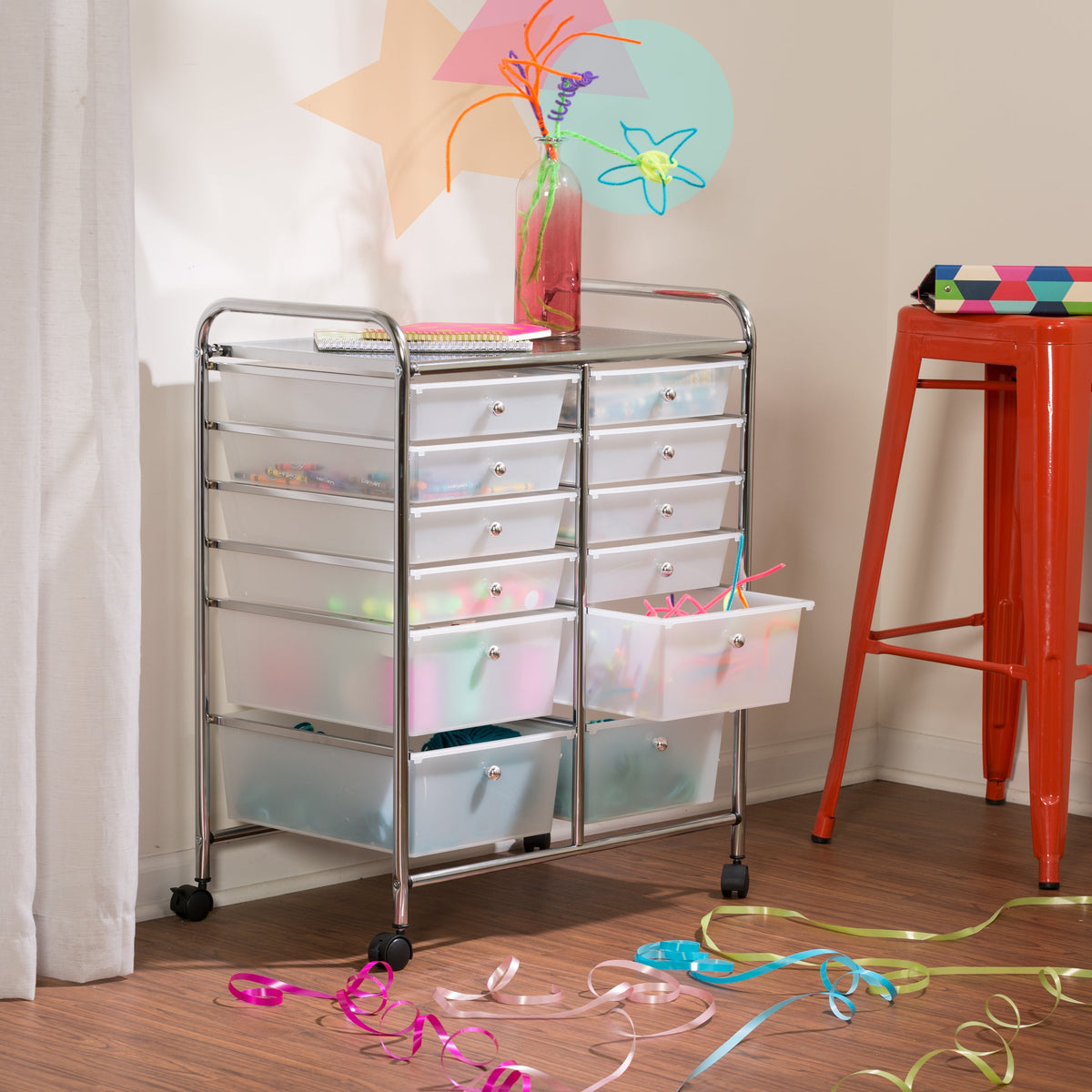 Chrome/Clear 12-Drawer Rolling Storage Craft Cart