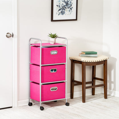 Pink 3-Drawer Rolling Fabric Cart