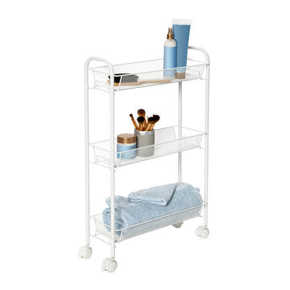 White 3-Basket Slim Rolling Wire Cart