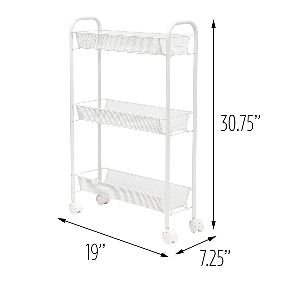 White 3-Basket Slim Rolling Wire Cart