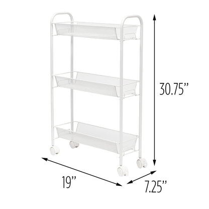 White 3-Basket Slim Rolling Wire Cart