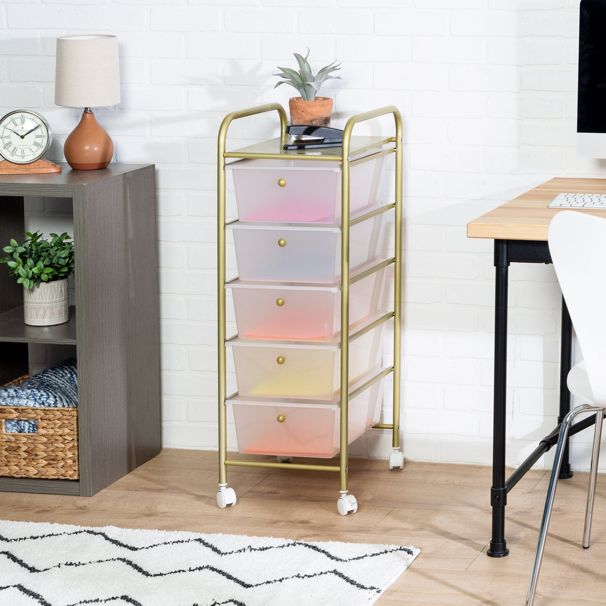 Clear/Gold Plastic 5-Drawer Rolling Storage Cart