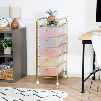 Clear/Gold Plastic 5-Drawer Rolling Storage Cart