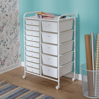 15-Drawer Metal Rolling Storage Cart, White