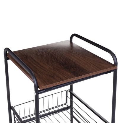 Black/Natural 3-Tier Slim Rolling Cart with Metal Basket Drawers