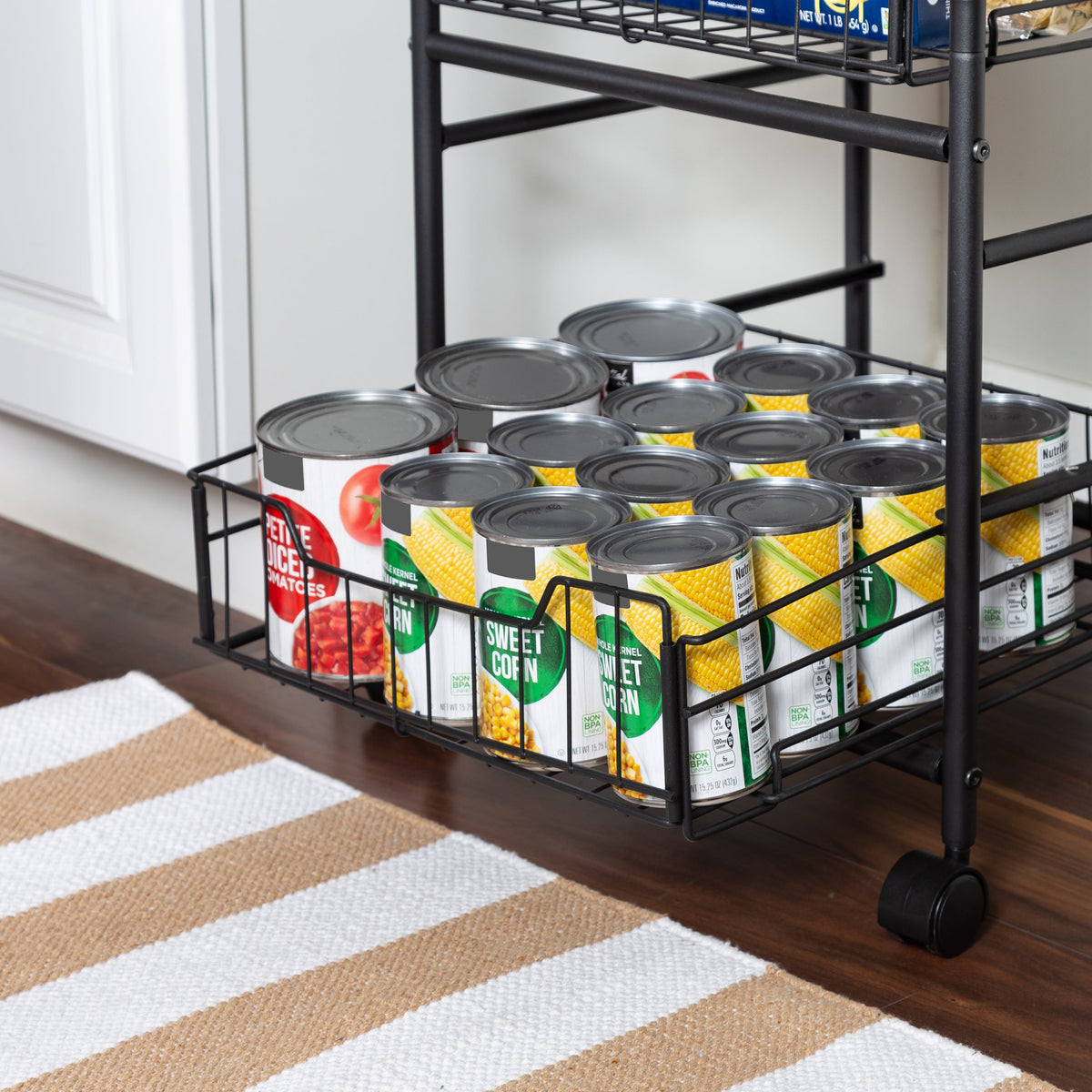 Black/Natural 3-Tier Slim Rolling Cart with Metal Basket Drawers