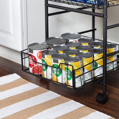 Black/Natural 3-Tier Slim Rolling Cart with Metal Basket Drawers