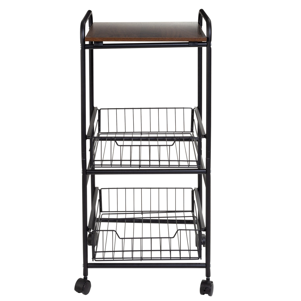 Black/Natural 3-Tier Slim Rolling Cart with Metal Basket Drawers