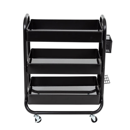 Black Craft Cart with Wheels, Pegboard, Shelf, and Metal Basket