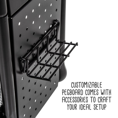 Black Craft Cart with Wheels, Pegboard, Shelf, and Metal Basket