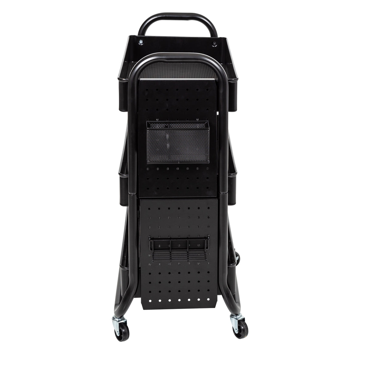Black Craft Cart with Wheels, Pegboard, Shelf, and Metal Basket