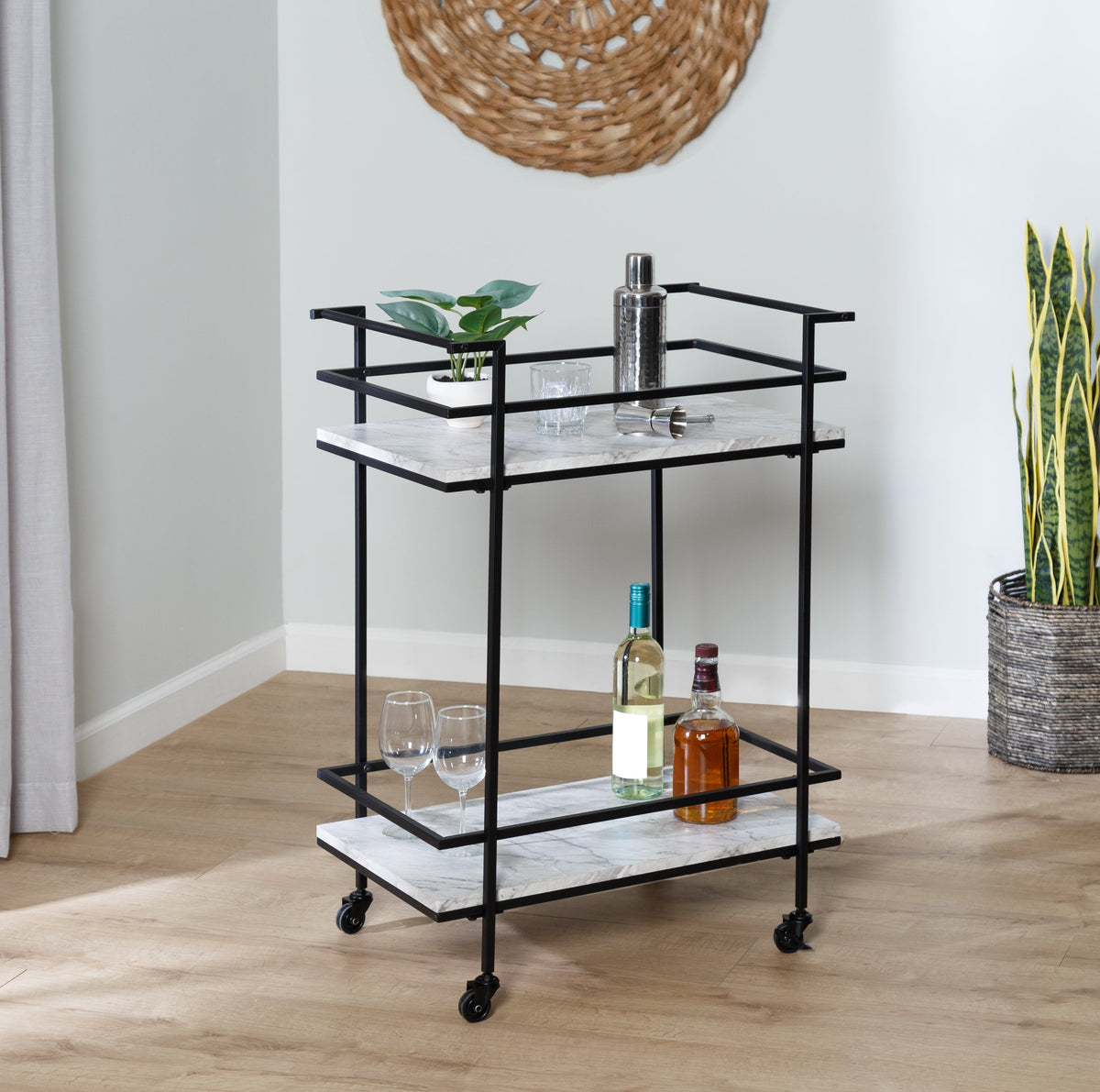 Black/White Faux Marble 2-Tier Bar and Serving Cart