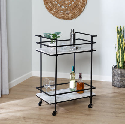 Black/White Faux Marble 2-Tier Bar and Serving Cart