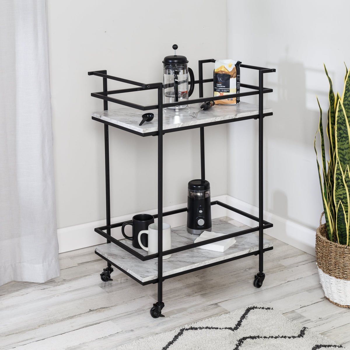 Black/White Faux Marble 2-Tier Bar and Serving Cart