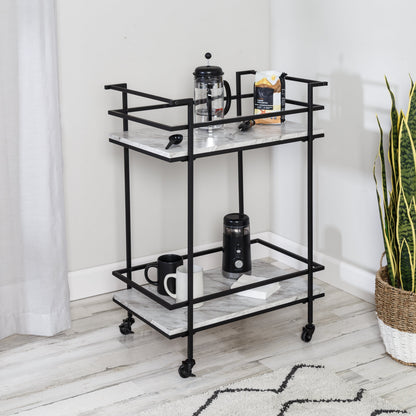 Black/White Faux Marble 2-Tier Bar and Serving Cart