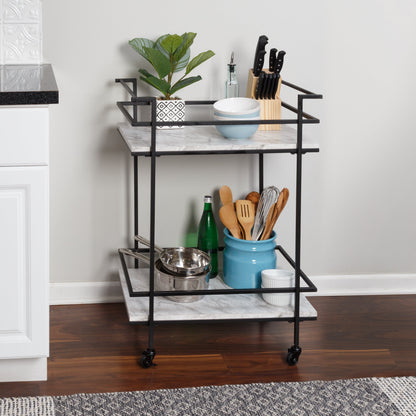 Black/White Faux Marble 2-Tier Bar and Serving Cart