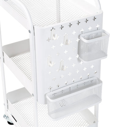 White Steel 3-Tier Craft or Makeup Organizer Cart with Side Storage