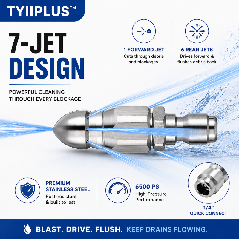 🔥 50% OFF TODAY🚿 6500 PSI Stainless Steel Sewer Jetter Nozzle – 1/4" Quick Connect