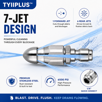 🔥 50% OFF TODAY🚿 6500 PSI Stainless Steel Sewer Jetter Nozzle – 1/4" Quick Connect
