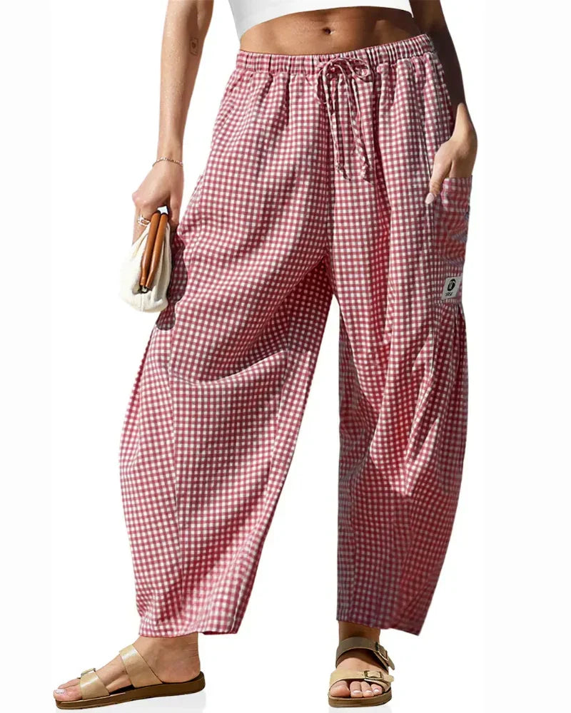 Women’s Loose Plaid Wide Leg Pants with Pockets