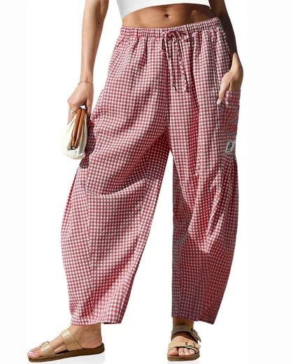 Women’s Loose Plaid Wide Leg Pants with Pockets