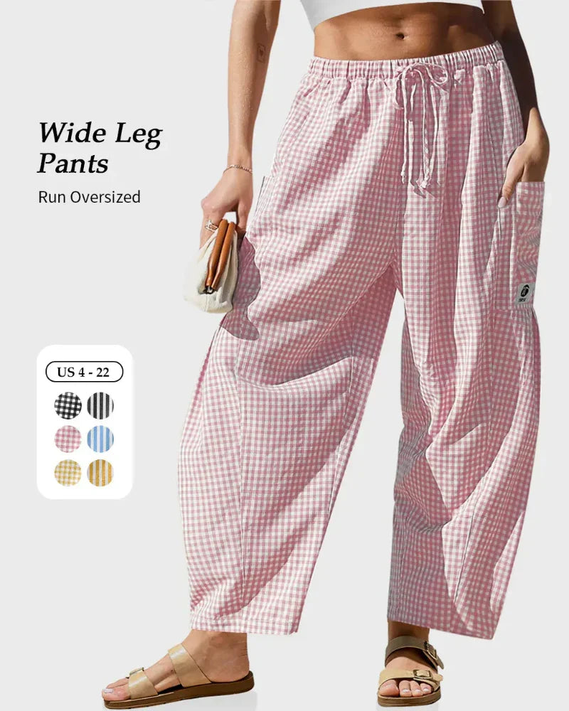 Women’s Loose Plaid Wide Leg Pants with Pockets