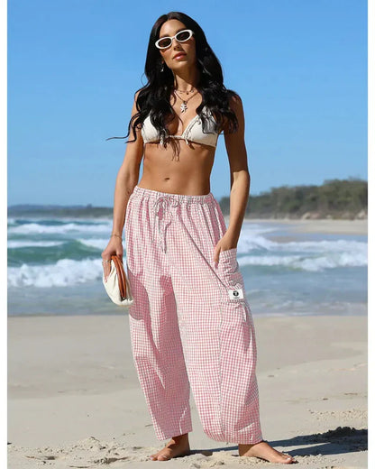 Women’s Loose Plaid Wide Leg Pants with Pockets