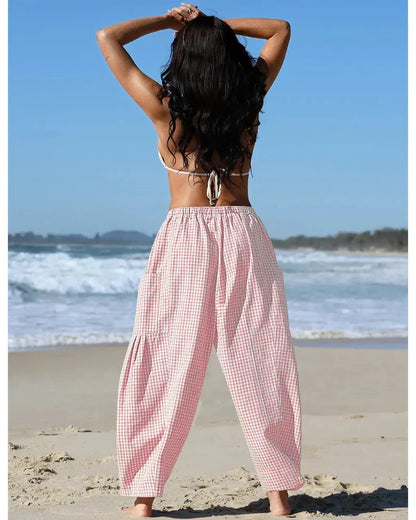Women’s Loose Plaid Wide Leg Pants with Pockets
