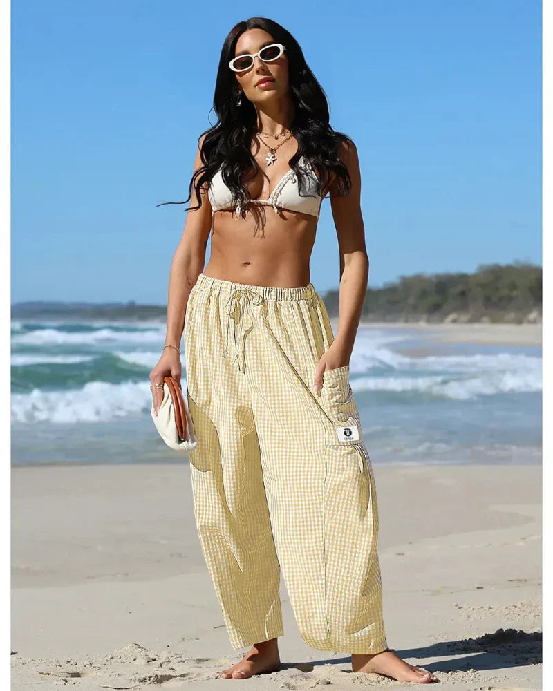Women’s Loose Plaid Wide Leg Pants with Pockets