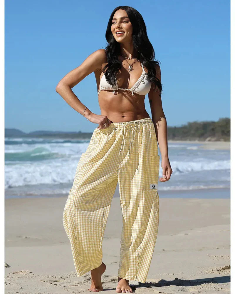 Women’s Loose Plaid Wide Leg Pants with Pockets