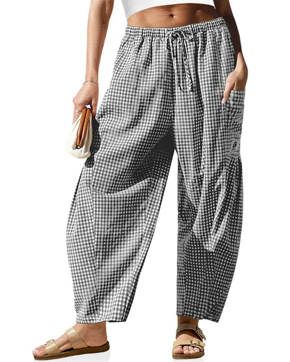 Women’s Loose Plaid Wide Leg Pants with Pockets