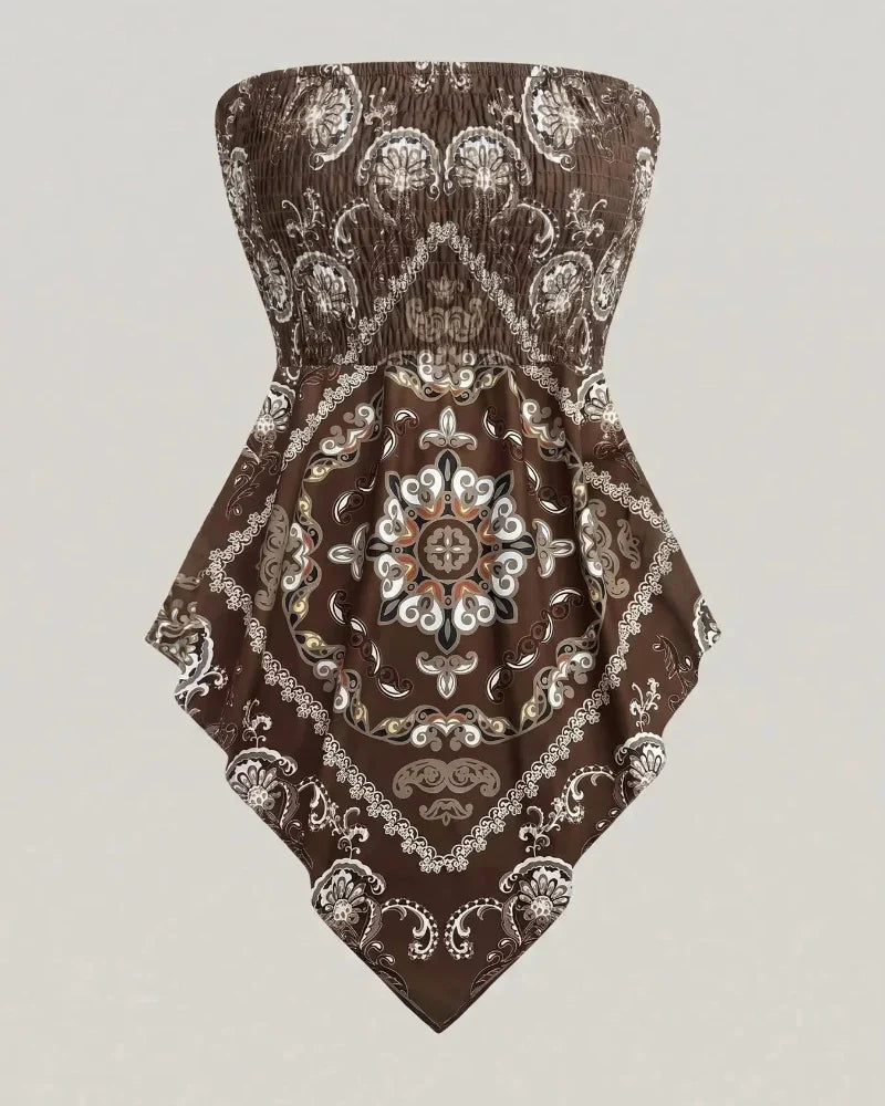 Boho Ethnic Print Tube Top Asym Hem