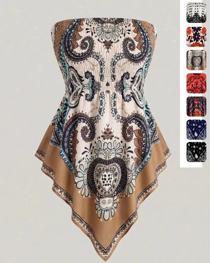 Boho Ethnic Print Tube Top Asym Hem