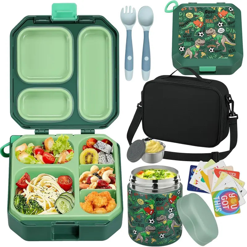 Kids Bento Lunch Box Set – 5-Compartment Leak-Proof Food Container with 12oz Insulated Food Jar & Lunch Bag, Portable School Meal Set for Boys & Girls